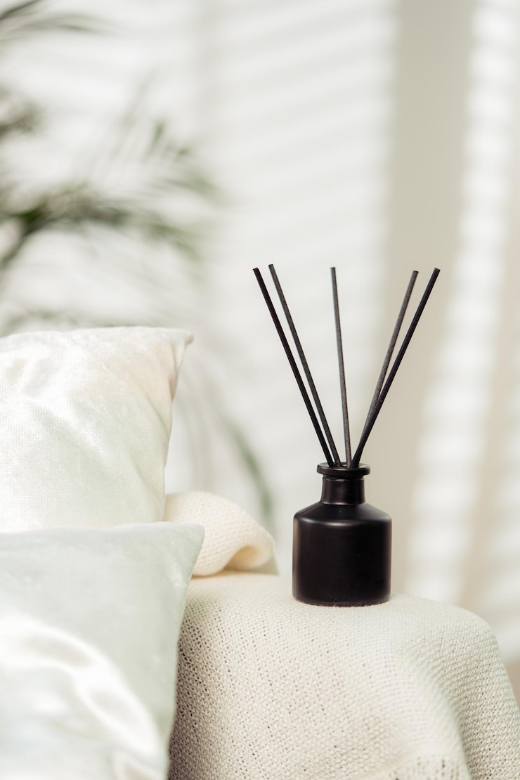Photo aroma diffuser bottle with sticks in living room