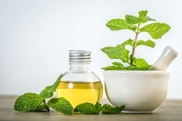 Aroma olio essenziale da una menta piperita in bottiglia