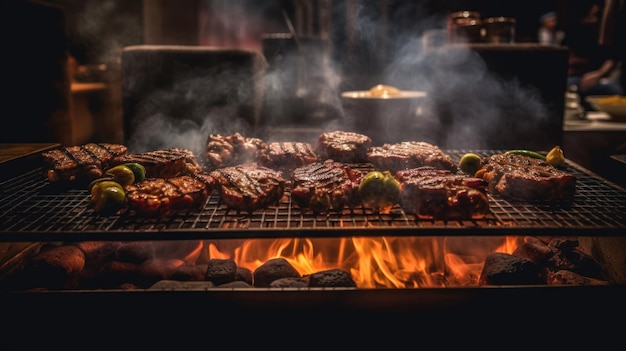 Aroma grilled barbecue juicy meat on flames with natural coal heat Ai generative