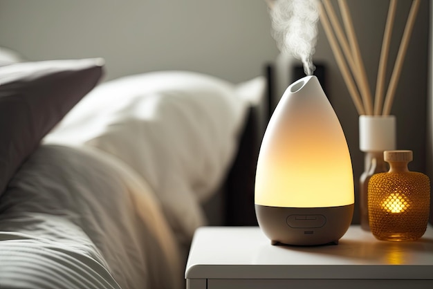 Aroma oil diffuser on table against in minimalist bedroom ai generative