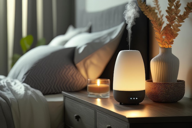 Aroma oil diffuser on table against in minimalist bedroom interior background Generative AI
