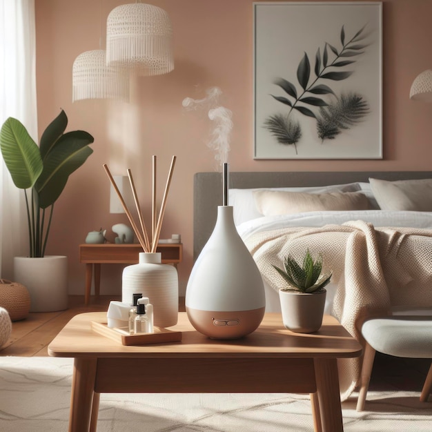 Foto aroma olie diffuser op tafel tegen in de minimalistische slaapkamer ai generatieve