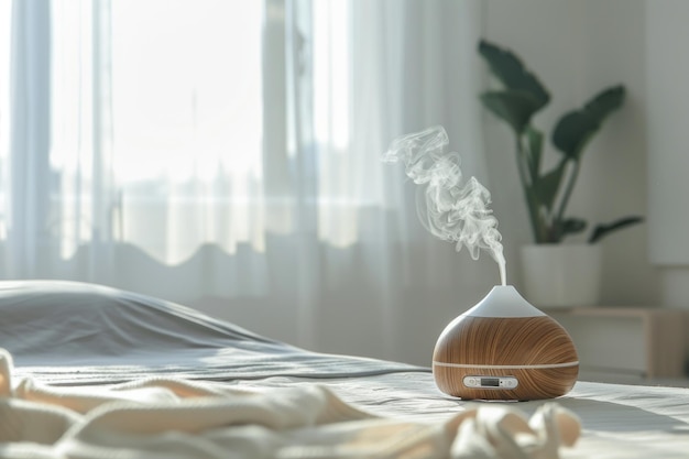 Aroma olie diffuser op tafel tegen in minimalistische heldere witte slaapkamer
