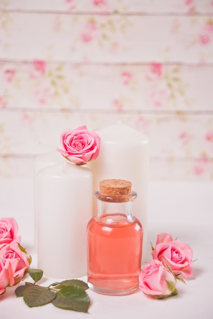 Photo aroma rose water for skincare, essential oils, spa beauty care
