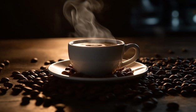 Aroma of scented coffee fills the space on dark table generated by AI