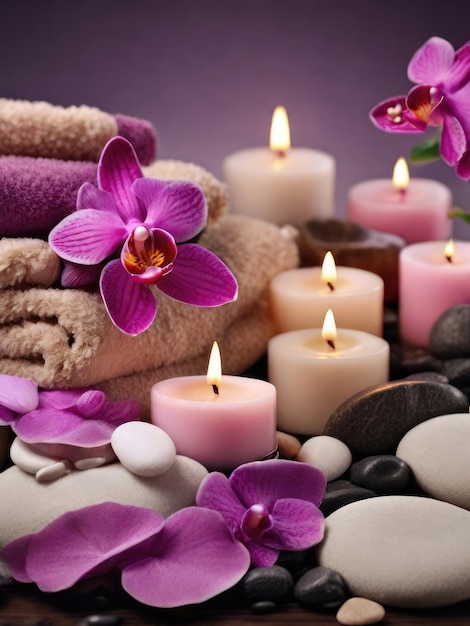 Aromatherapie en Serenity Spa ontsnapping met massage kiezels orchidee bloemen en flikkend kaarslicht