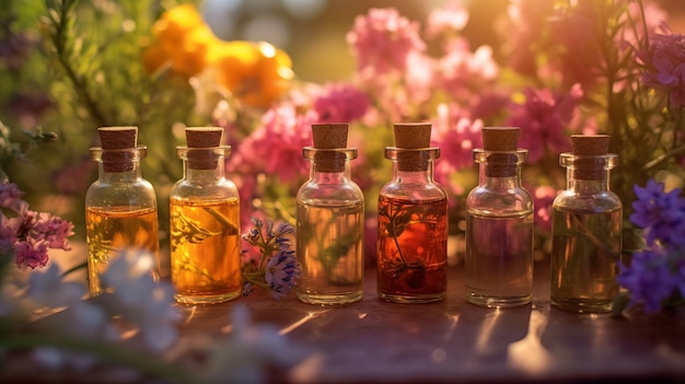 Aromatherapie-oliën te midden van verse bloemen die een vredige lentestemming vastleggen