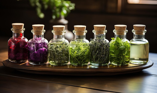 Aromatherapy bottles with herbs and oil on a wooden table