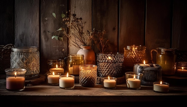 Aromatherapy candle illuminates rustic room creating tranquil winter scene generated by AI