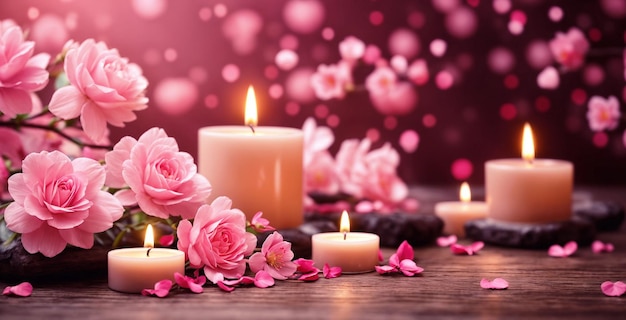 Aromatherapy candles lit on wooden table surrounded by pink roses and petalsGenerative AI