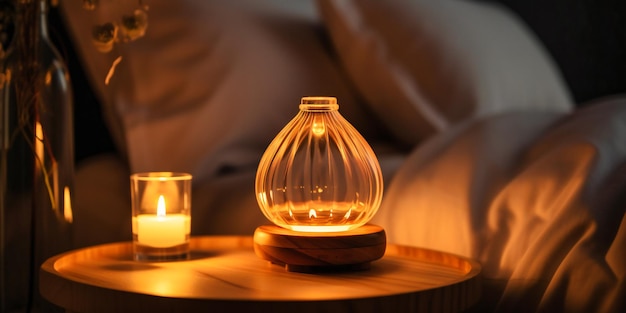Aromatherapy diffuser on bed with candles