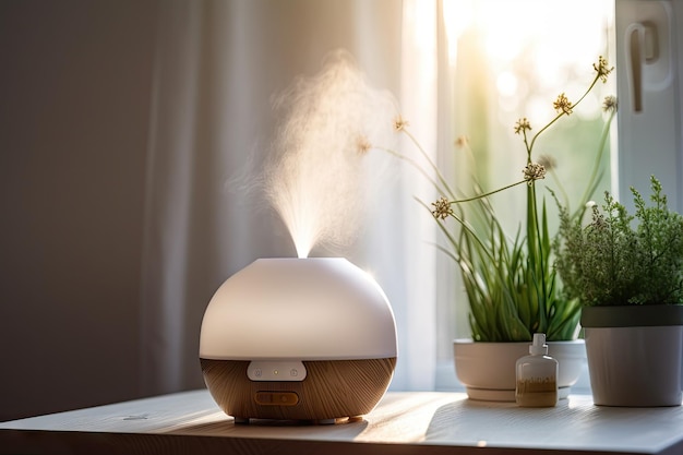 Aromatherapy diffuser in a peaceful setting with natural light and greenery