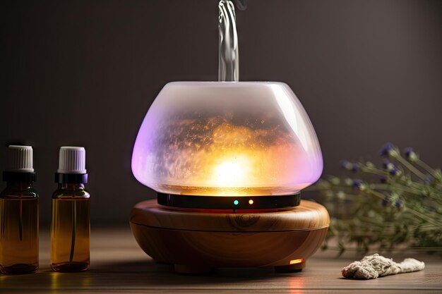Foto diffusore per aromaterapia con oli essenziali che riempiono la stanza