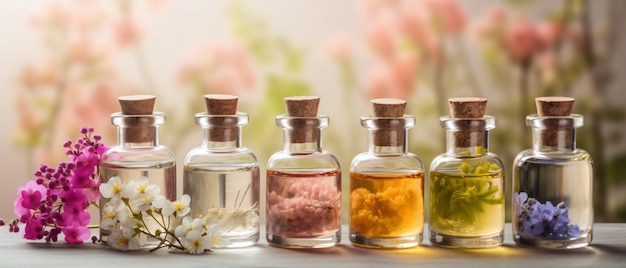 aromatherapy essential oil bottles with spring_flowe