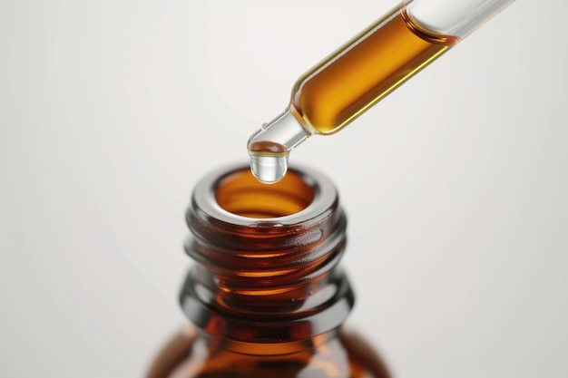 Aromatherapy essential oil in brown glass bottle