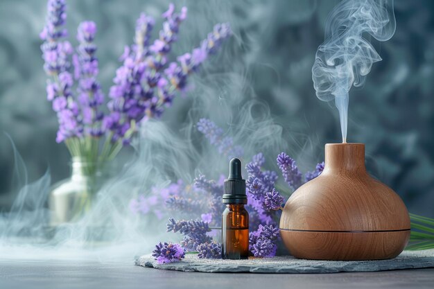 Foto diffusore di olio essenziale per aromaterapia che rilascia vapore aromatico con fiori di lavanda e bottiglia gocciolante