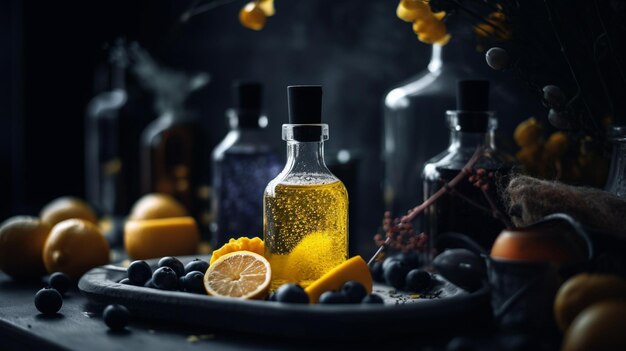 Эфирное масло для ароматерапии в стиле темно-желтого и светлого индиго Генерирующее изображение AI