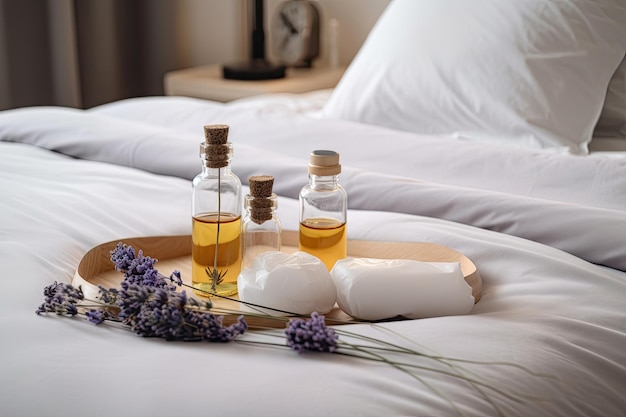 Aromatherapy and essential oils on a bed of fluffy pillows for a peaceful and relaxing atmosphere