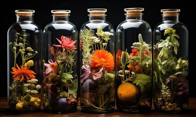 Aromatherapy glass bottles with sprigs of flowers on a dark background