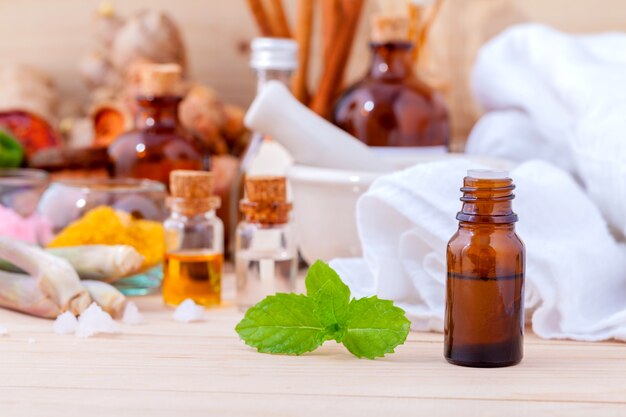 Aromatherapy and Natural Spa theme  on wooden background.