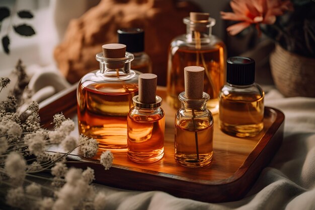 Photo aromatherapy oil in glass bottles on a wooden tray selective focus