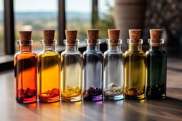 Aromatherapy oil in small bottles on a wooden tablegenerative ai