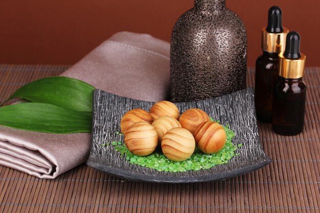 Aromatherapy setting on brown background