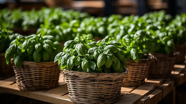 An aromatic basil harvest with freshly picked basil leaves neatly arranged in baskets awaiting the