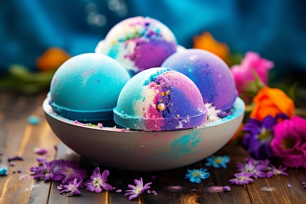 aromatic bath bombs fizzing in a tub of water