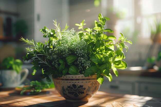 Photo aromatic bouquet of freshly cut herbs in a kitchen