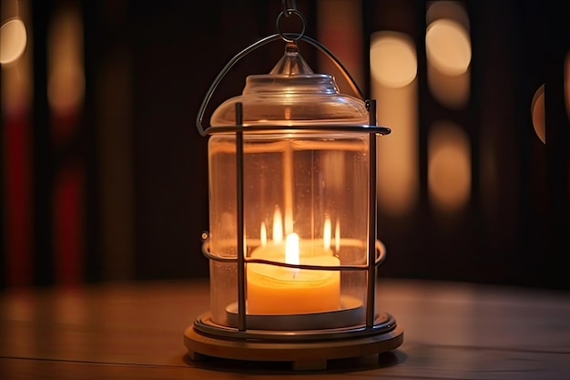 Aromatic candle burning in a glass lantern with flickering flame