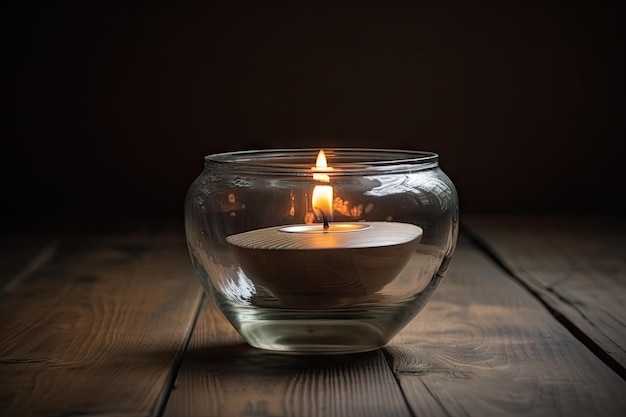 Aromatic candle burning in a vintage glass vessel on a wooden table