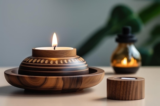 Ароматические свечи создают уютную и расслабляющую атмосферу на столе в спа-салоне.