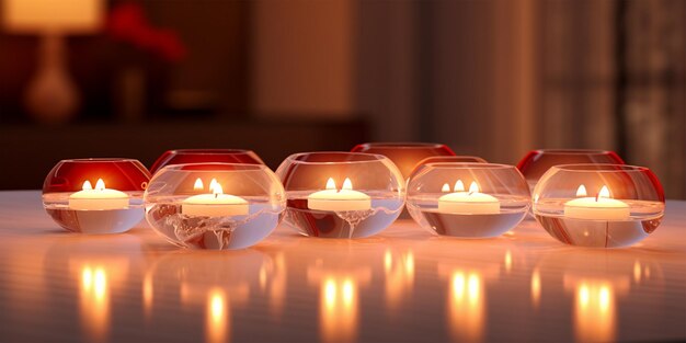 Aromatic candle in a clear glass holder surrounded by floating tea lights