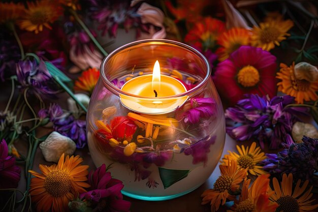 Aromatic candle in a clear glass jar surrounded by colorful flowers