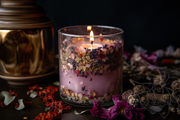 Aromatic candle in a clear glass jar surrounded by dried flowers