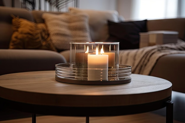 Aromatic candle in a glass holder in the center of a neutralcolored coffee table