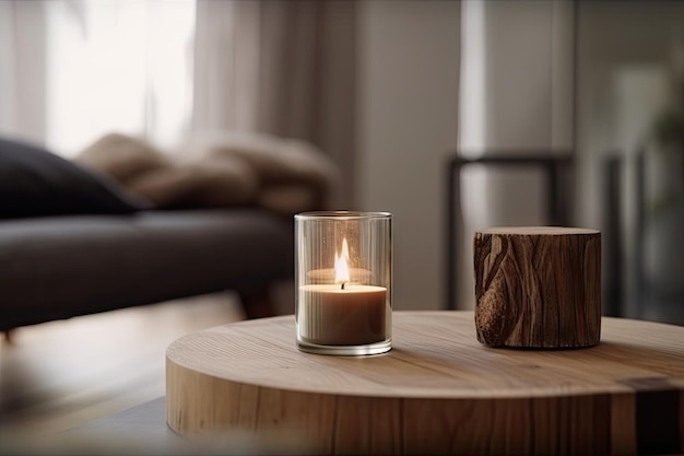 Aromatic candle set on a wooden table in the modern interior