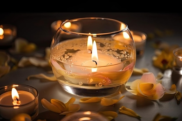 Aromatic candle surrounded by floating tea lights in a glass