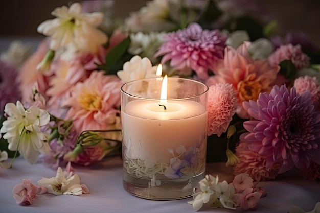 Aromatic candle in a vase surrounded by beautiful blooming flowers