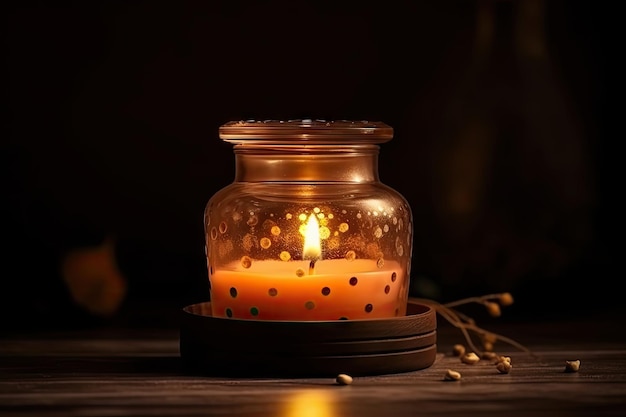 Aromatic candle with a flicker in the glass jar against the background of dark tones