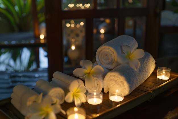 Aromatic candles flowers and towels in a spa beauty salon