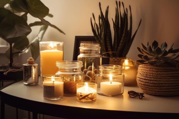 Aromatic candles in a glass jar on the table next to trinkets and plants