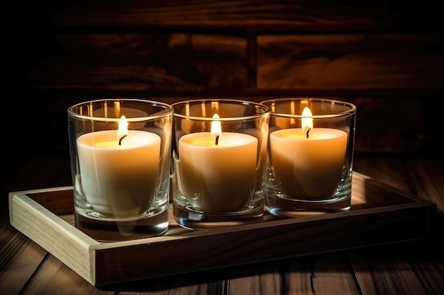 Aromatic candles in a glass on a wooden table