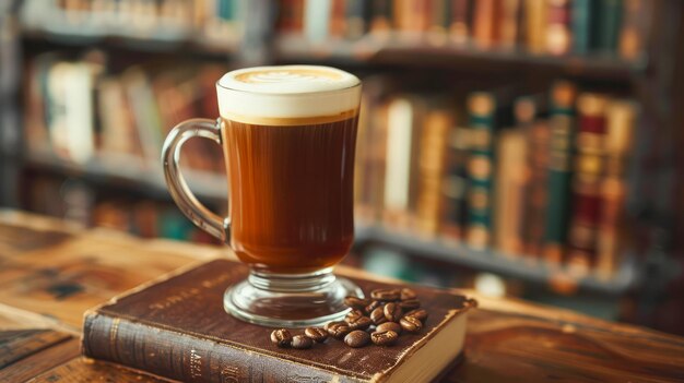 Aromatic Cappuccino on Antique Book with Coffee Beans in Cozy Library Setting Perfect Coffee