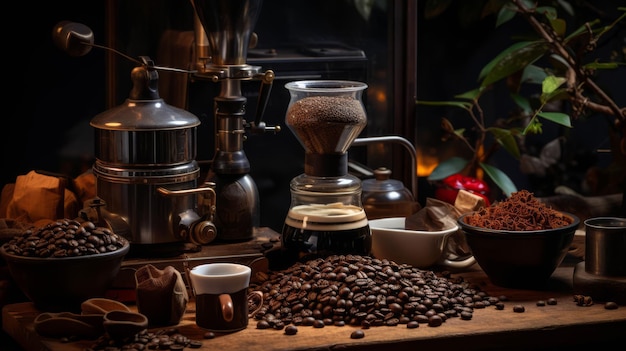 Aromatic coffee beans and brewing equipment barista tools