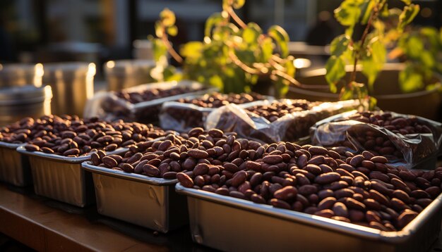 Aromatic coffee beans on a dark table in a coffee shop generated by artificial intelligence