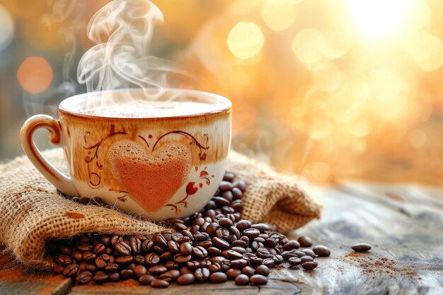 나무 테이블 에 있는 아름다운 컵 에 있는 향기로운 커피