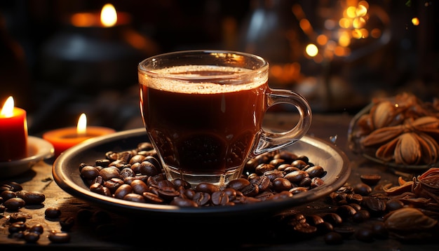 Aromatic coffee cup on rustic table a perfect evening relaxation generated by artificial intelligence