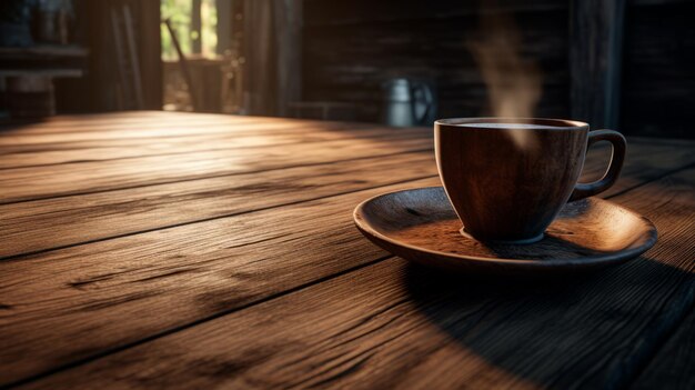 Aromatic coffee cup on rustic table warmth fills the room